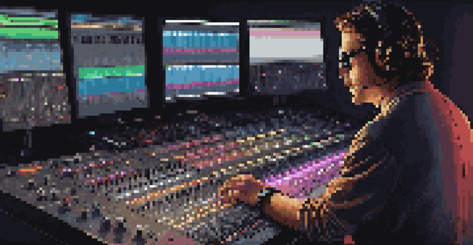 A close-up of a sound engineer adjusting a mixing console with colorful LED lights in a dimly lit studio.