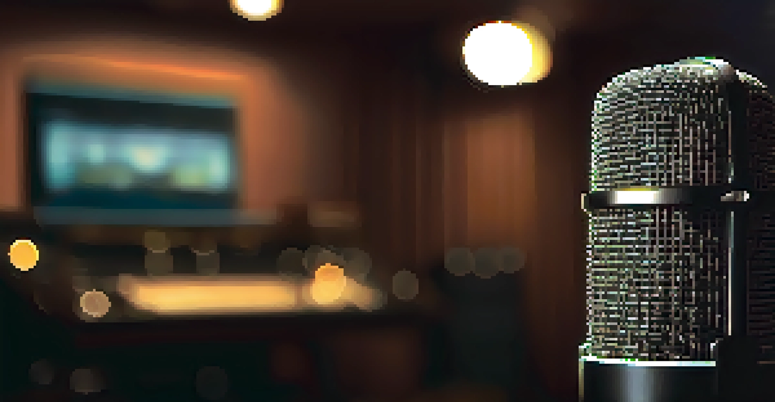 A close-up of a condenser microphone in a dimly lit recording studio, surrounded by recording equipment.