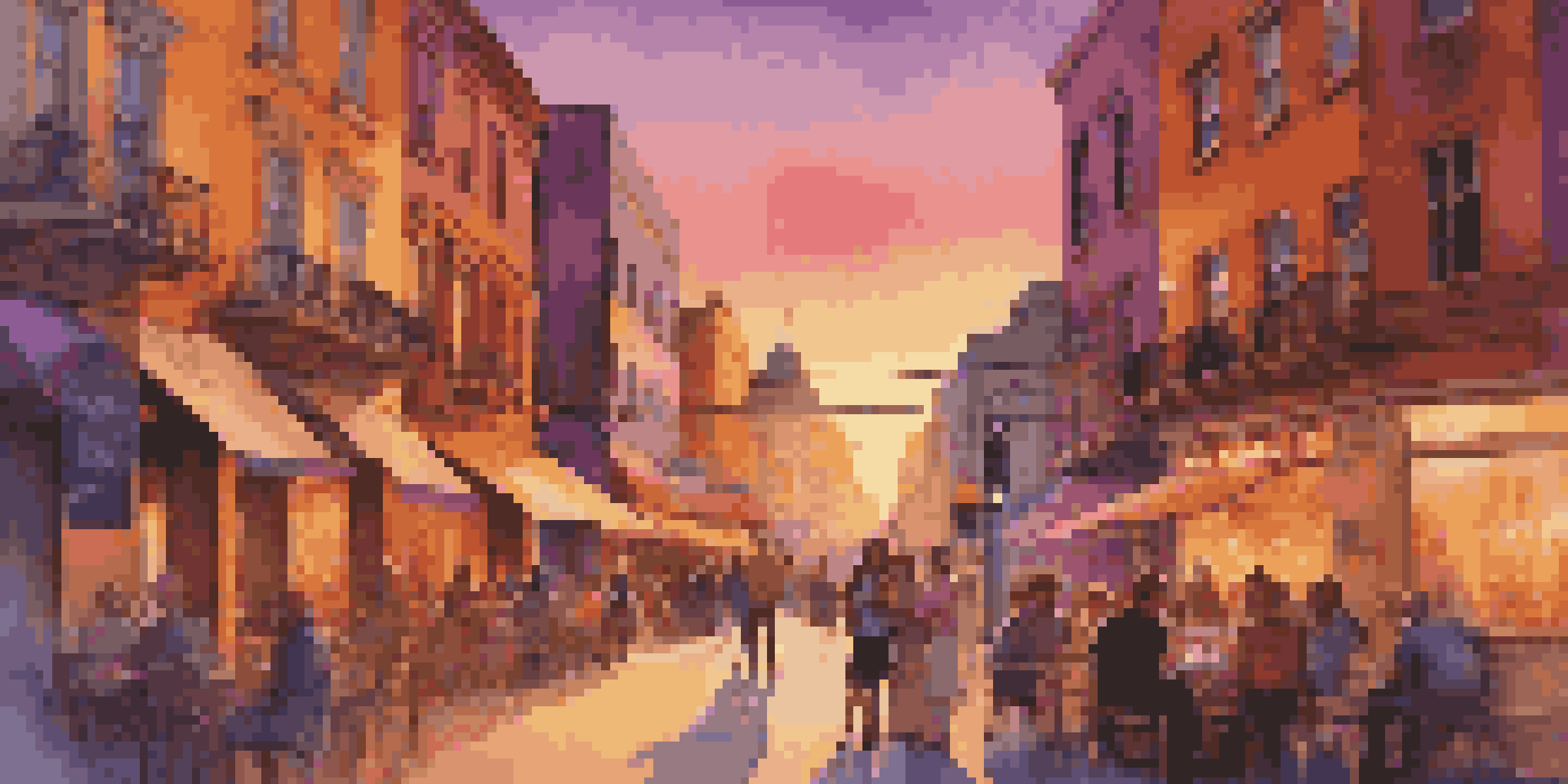 A lively city street at sunset with people at outdoor cafes, street art, and a musician playing guitar.