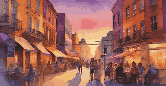A lively city street at sunset with people at outdoor cafes, street art, and a musician playing guitar.