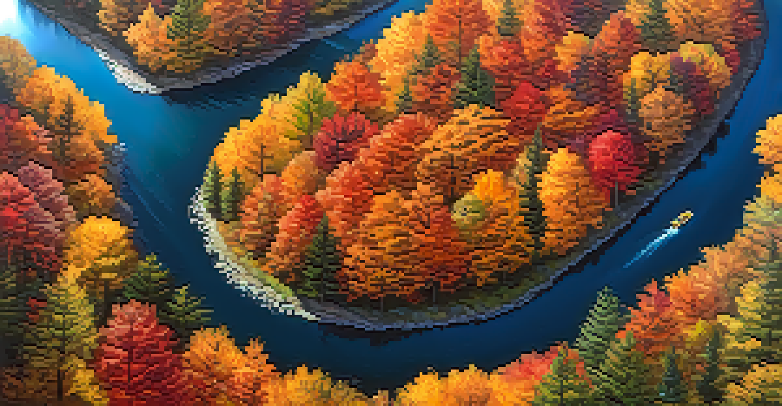 Aerial view of a winding river through an autumn forest with vibrant orange, red, and yellow leaves.