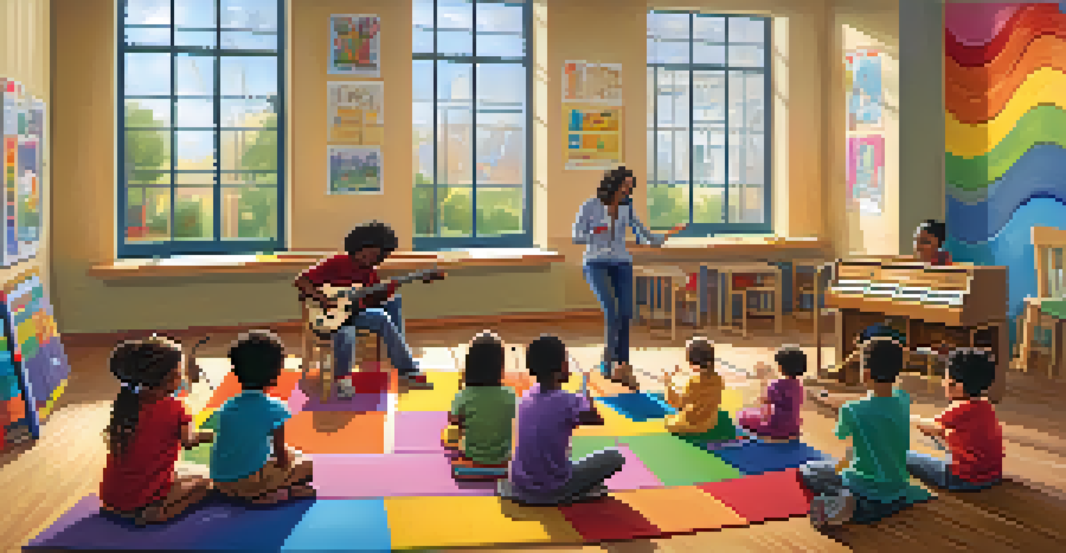 A teacher conducting a music lesson with diverse children in a colorful classroom.