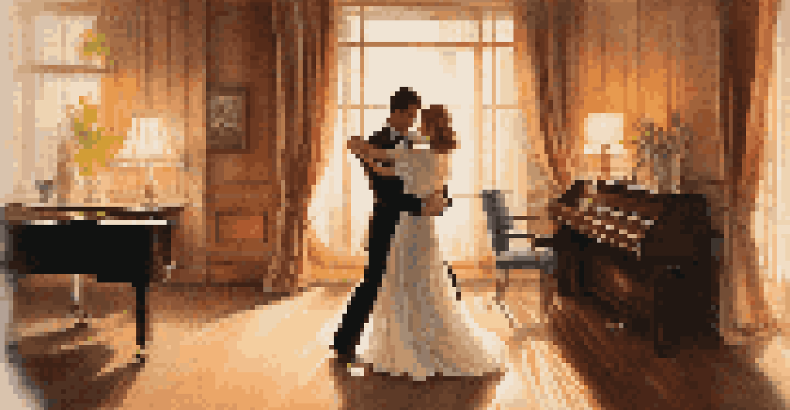 A couple dancing closely in a softly lit room with vintage decor, creating a romantic and nostalgic atmosphere.