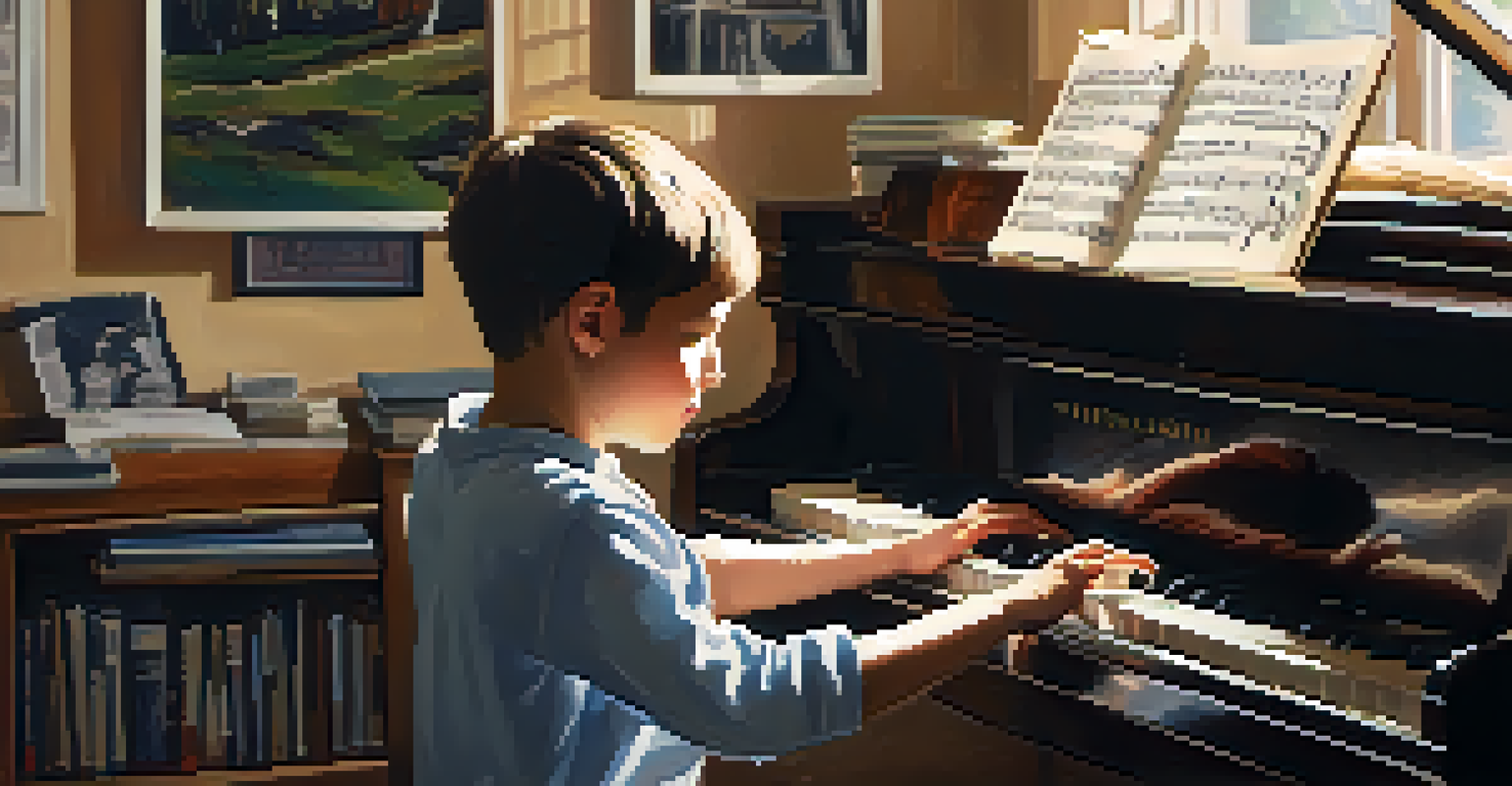 A young student practicing piano in a cozy room, showing focus and joy with sunlight illuminating the space.