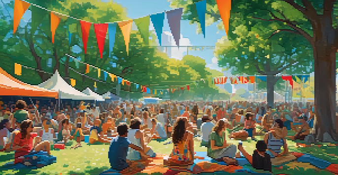 A lively urban park filled with a diverse crowd enjoying a summer music festival, with musicians performing on stage and colorful decorations in the trees.