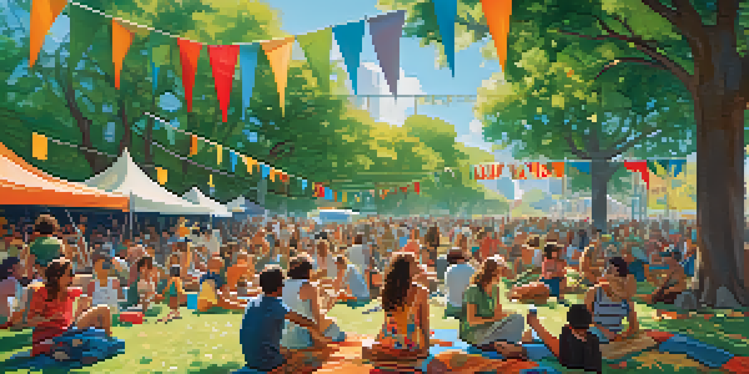 A lively urban park filled with a diverse crowd enjoying a summer music festival, with musicians performing on stage and colorful decorations in the trees.