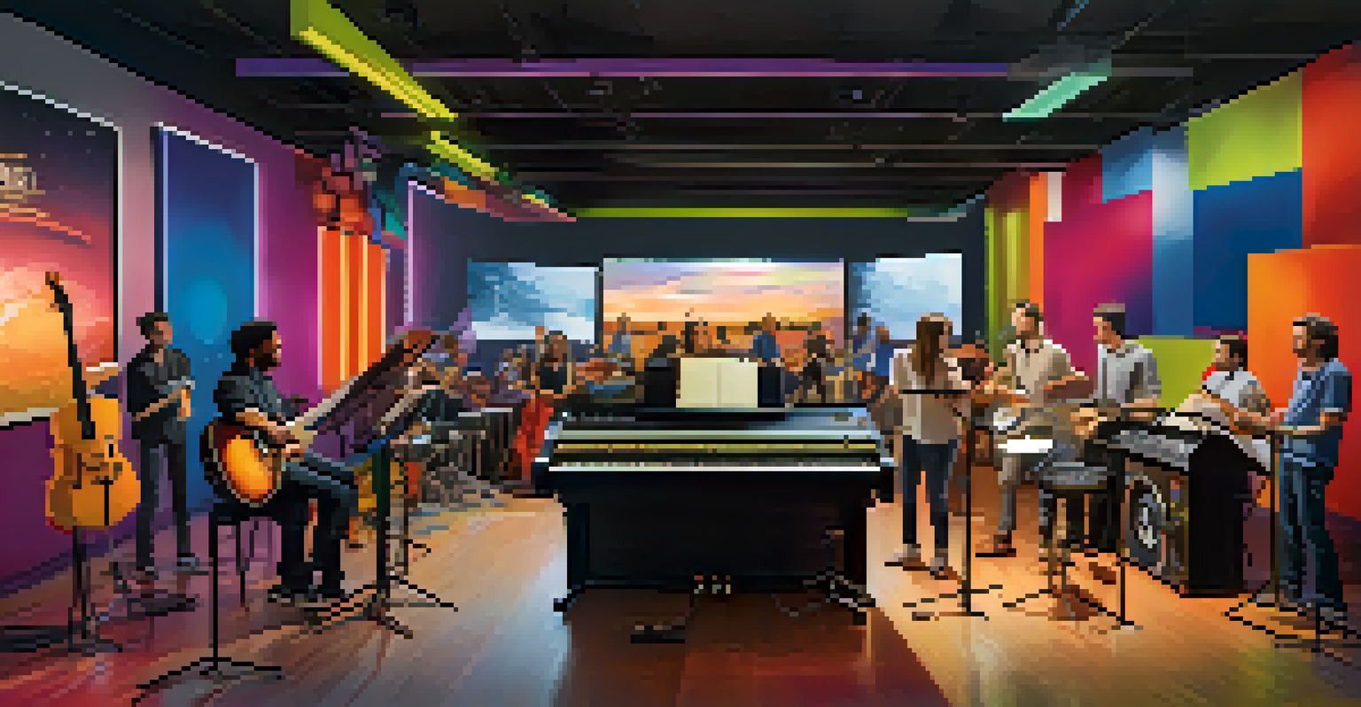 A modern advertising studio where musicians are working together on a catchy jingle, surrounded by colorful sound panels and instruments.