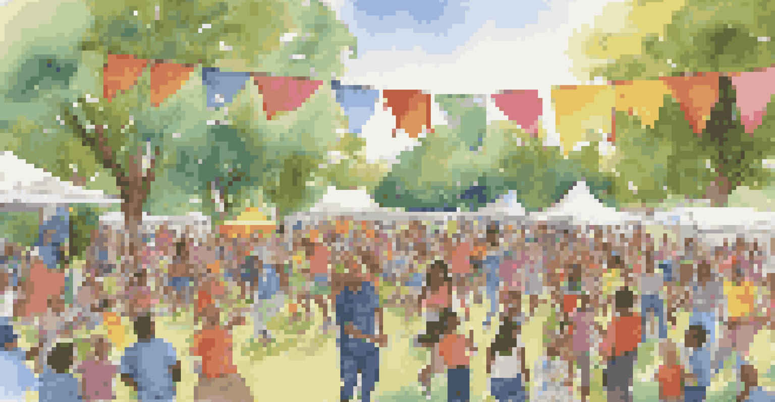 A lively community music event in a park with people singing and playing instruments, filled with joy and colorful decorations.