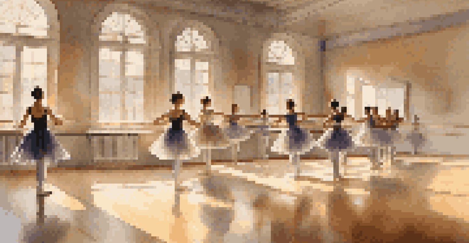 A dance classroom with students practicing ballet in front of mirrors, illuminated by sunlight, while an instructor observes.