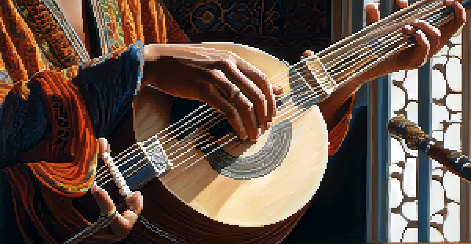 Close-up of hands skillfully playing a traditional instrument, showcasing its intricate craftsmanship and textures.