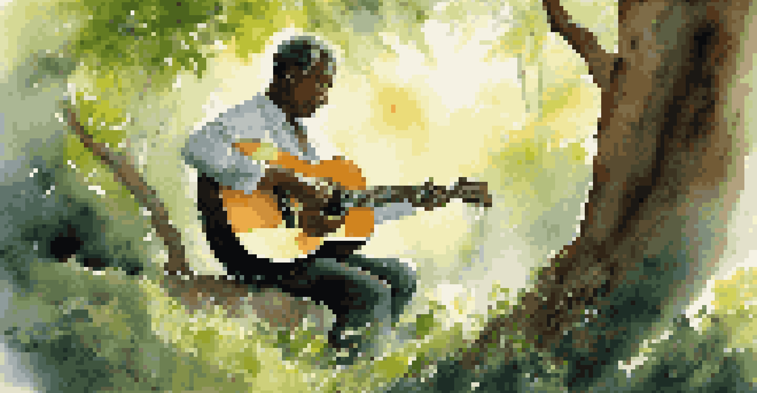 A person playing guitar in a tranquil outdoor setting with greenery and sunlight, embodying the healing power of music.
