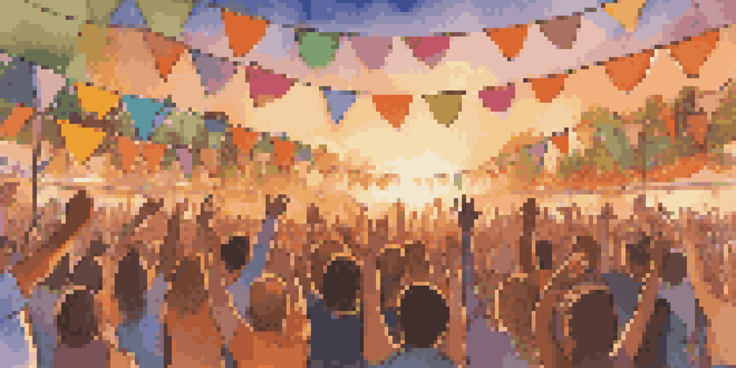 A lively music festival with a diverse crowd singing together, colorful banners, and a sunset in the background.