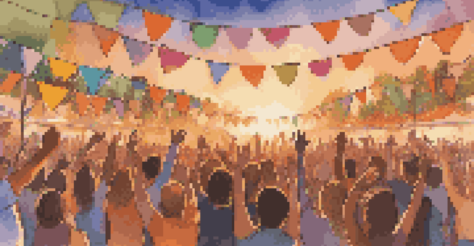 A lively music festival with a diverse crowd singing together, colorful banners, and a sunset in the background.