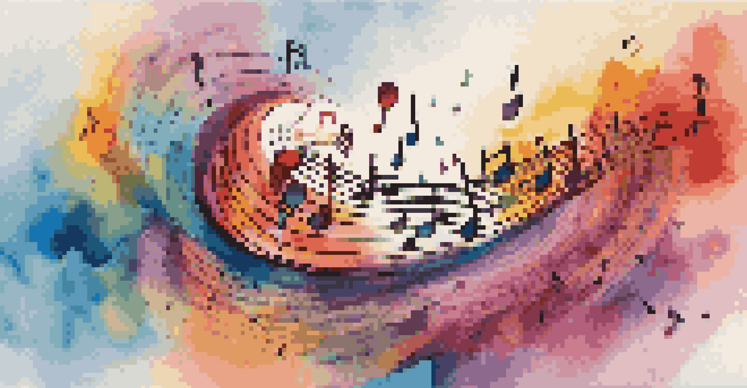 An abstract image illustrating music creation with AI, featuring swirling colors and sound waves.