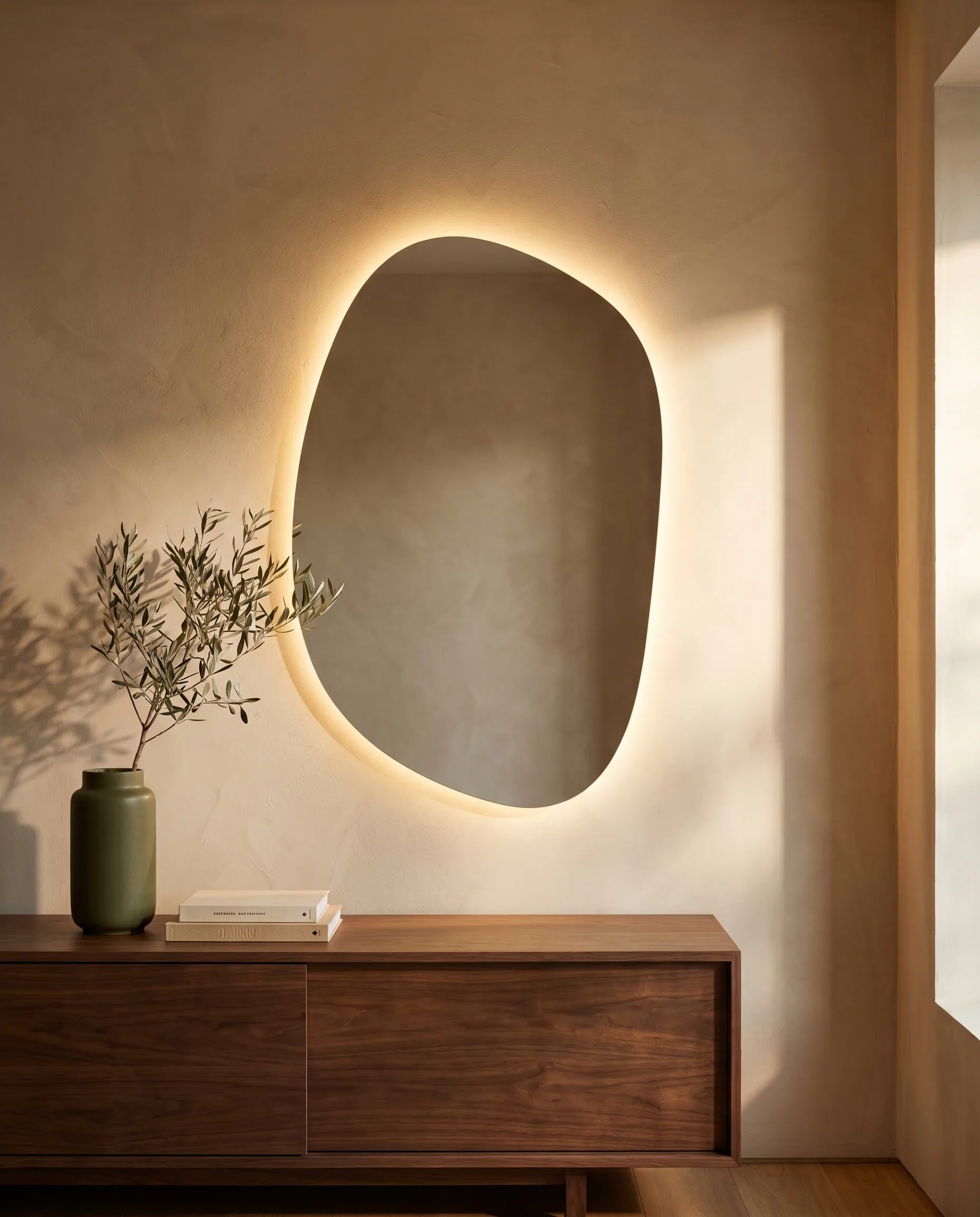 Asymetrické zrkadlo Stone Shape s teplým LED podsvietením nad orechovou komodou v minimalistickej vstupnej hale