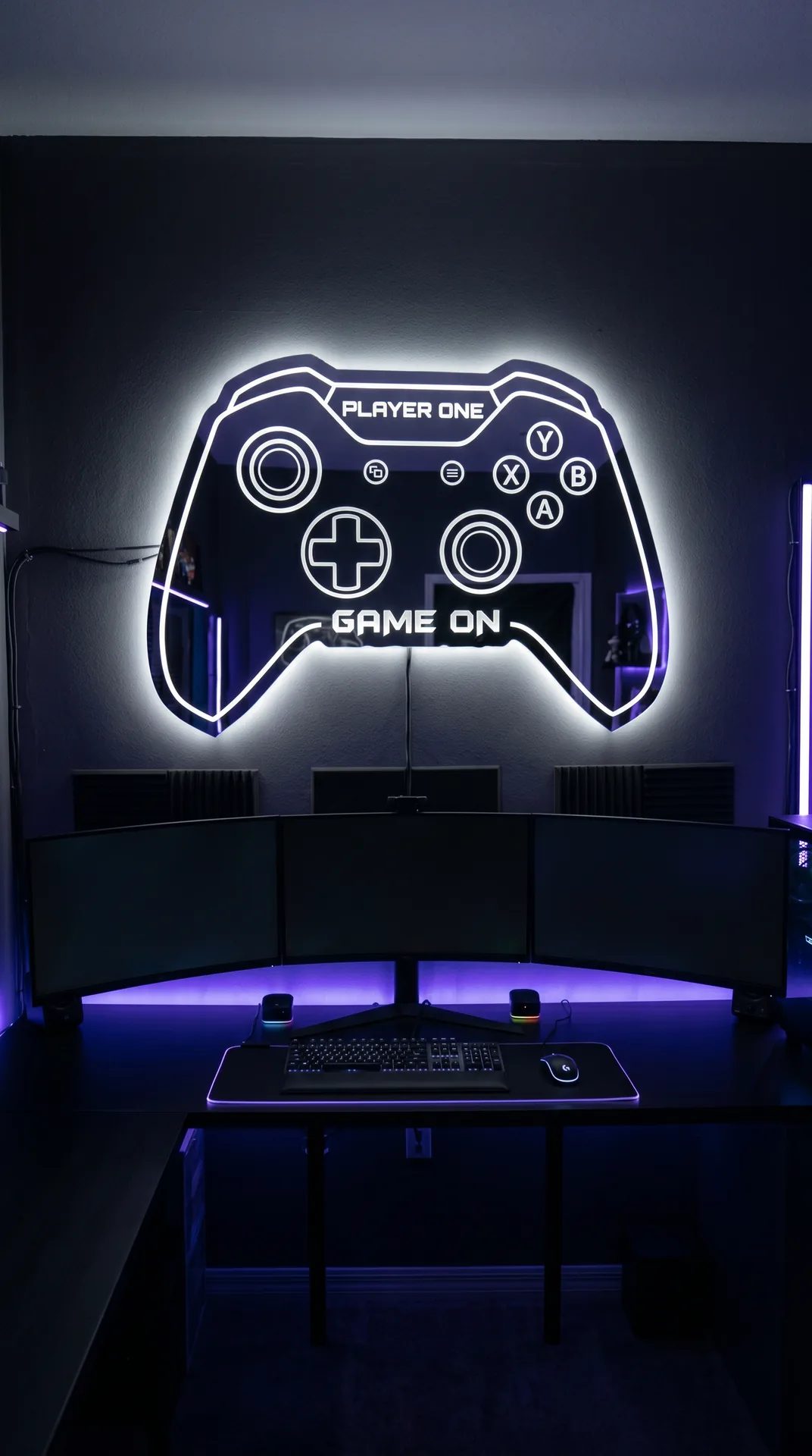 LED zrkadlový obraz s herným ovládačom nad herným stolom s fialovým podsvietením