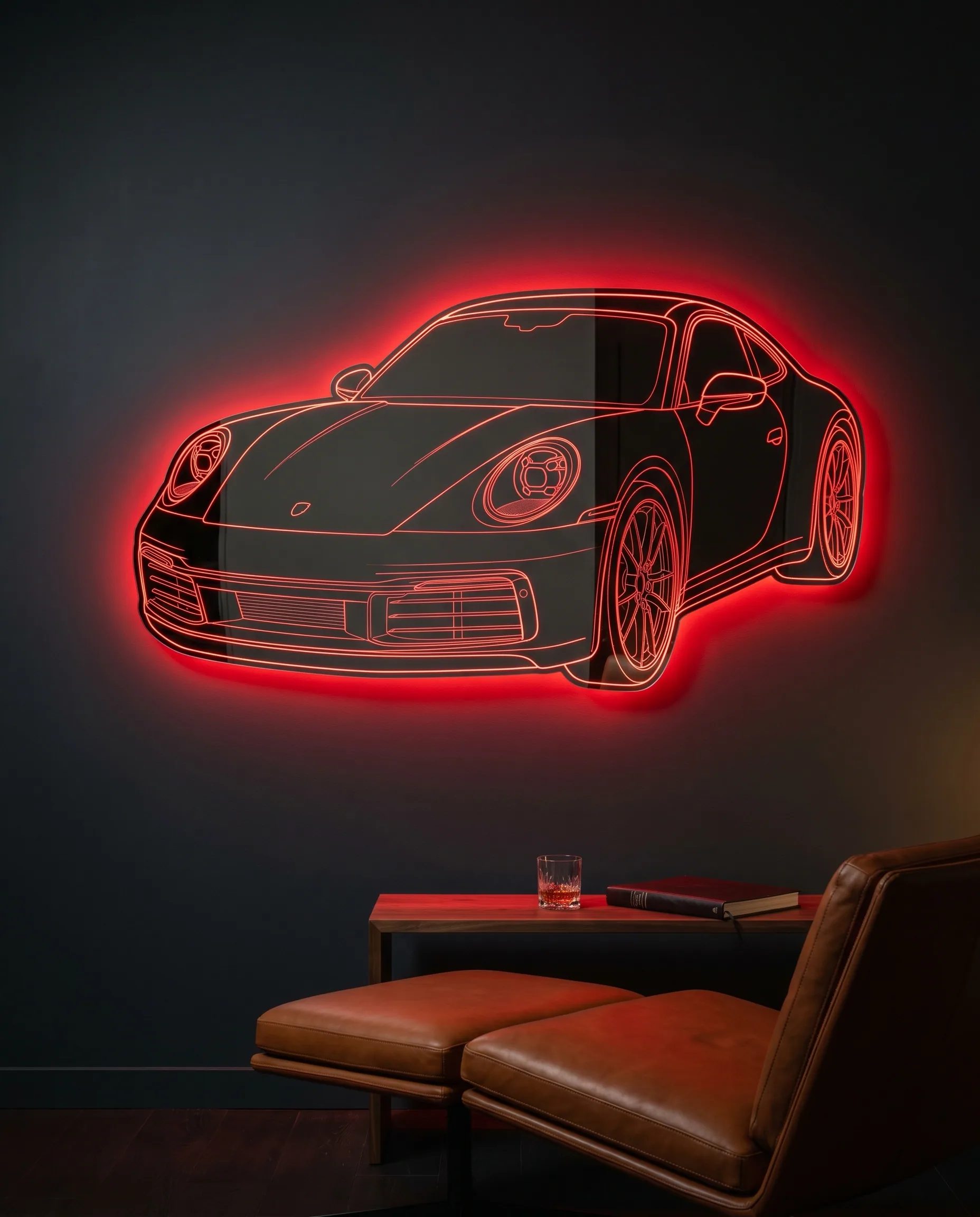 LED zrkadlový obraz s vyrezávanou auto siluetou v červenom neóne nad koženým kreslom v tmavom luxusnom interiéri
