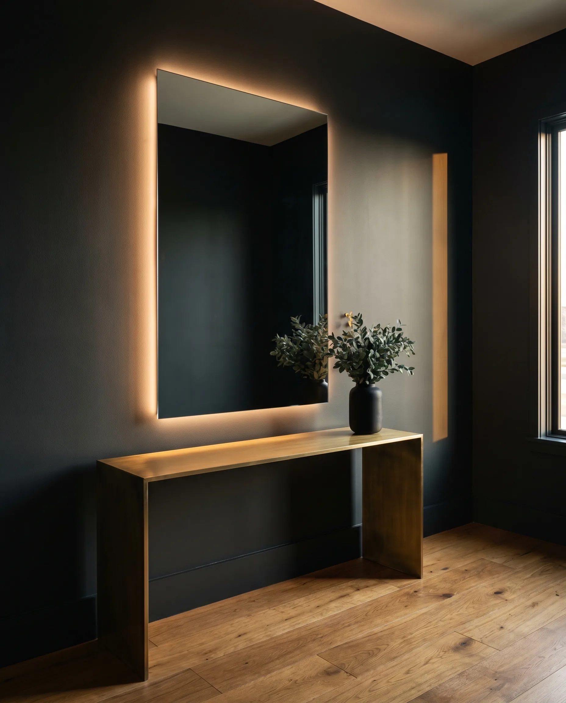 Custom LED zrkadlo bez gravírovaného motívu v minimalistickej obývačke s charcoal stenou, brass konzolou a oak podlahou