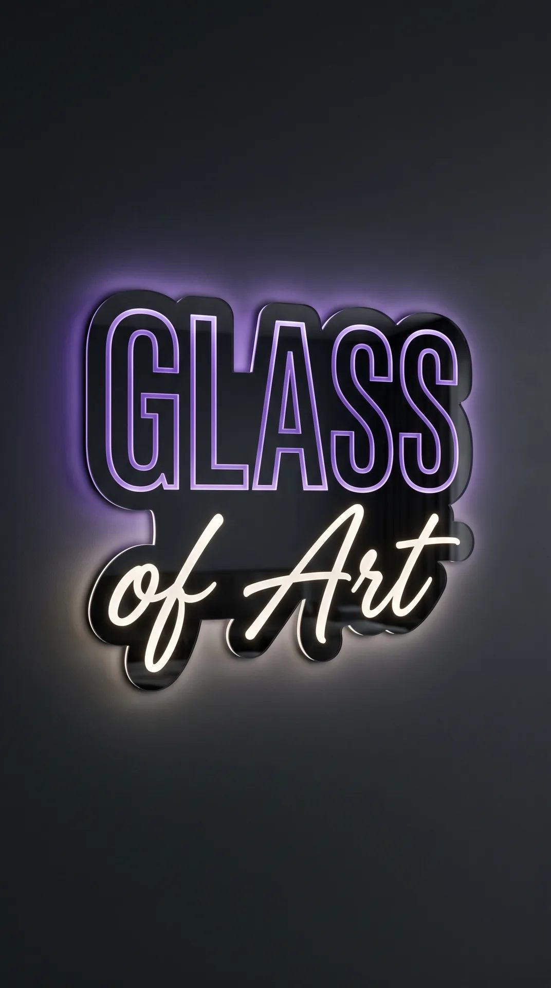 LED zrkadlový obraz s logom Glass of Art a fialovým neónovým podsvietením
