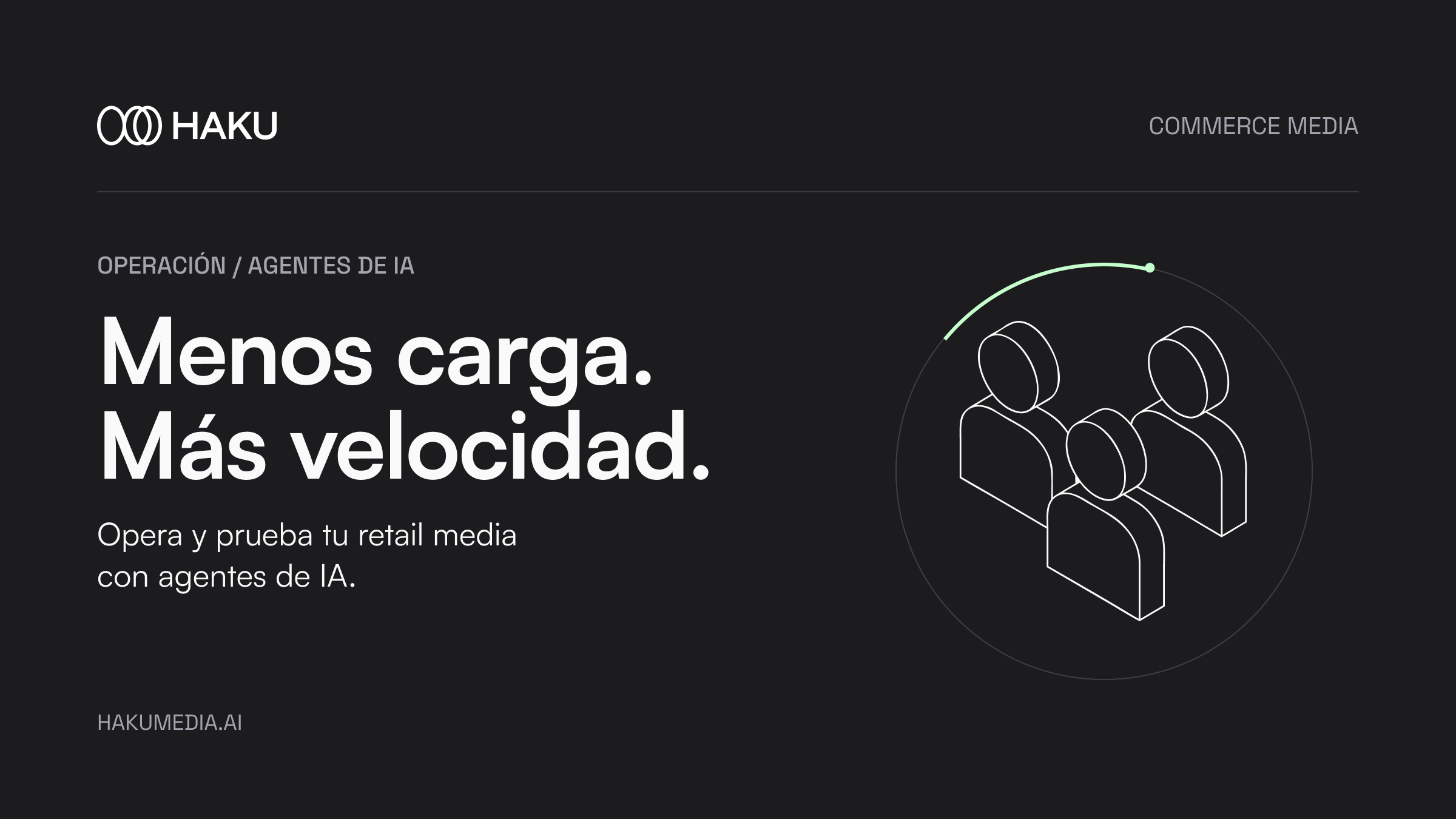 Menos carga. Más velocidad. Opera y prueba tu retail media con agentes de IA. Ícono oficial de comunidad con órbita circular menta y logo de Haku sobre fondo grafito.