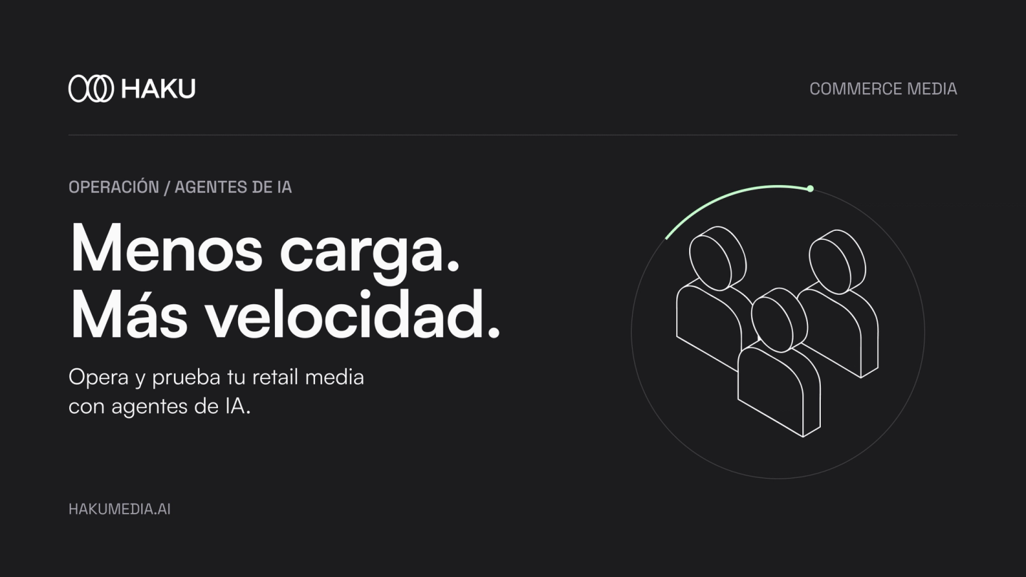 Menos carga. Más velocidad. Opera y prueba tu retail media con agentes de IA. Ícono oficial de comunidad con órbita circular menta y logo de Haku sobre fondo grafito.