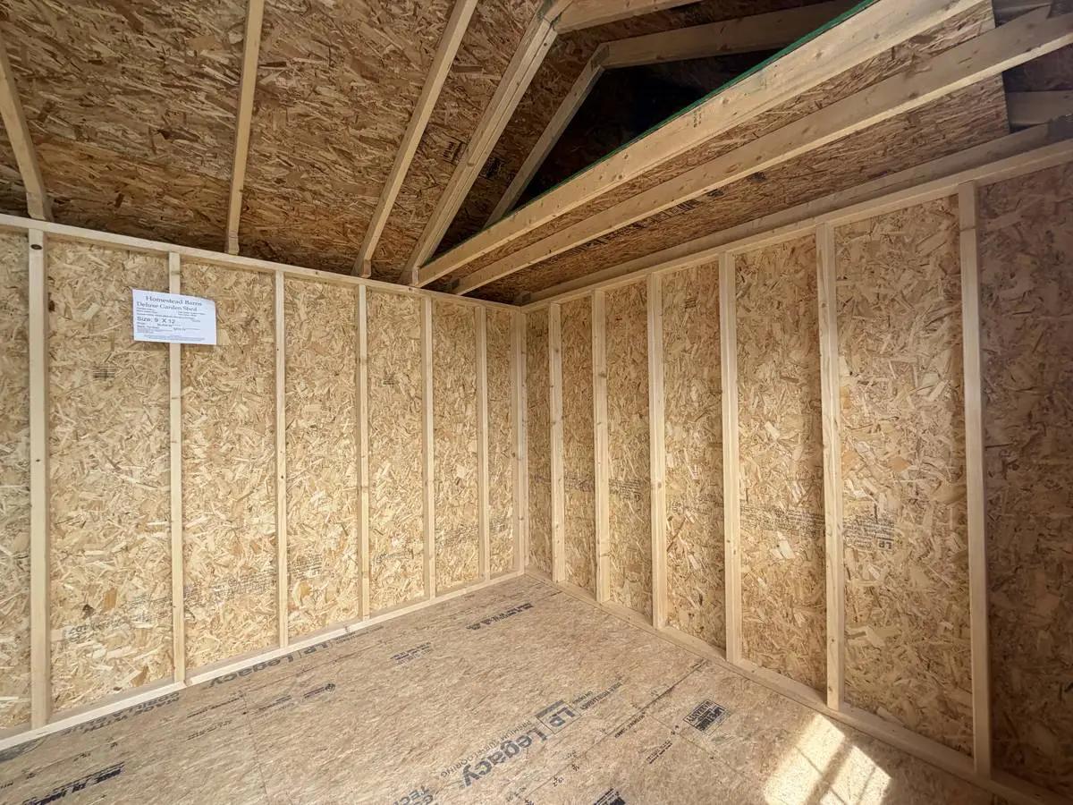 9×14 Deluxe Garden Shed at the Adrian location, interior view