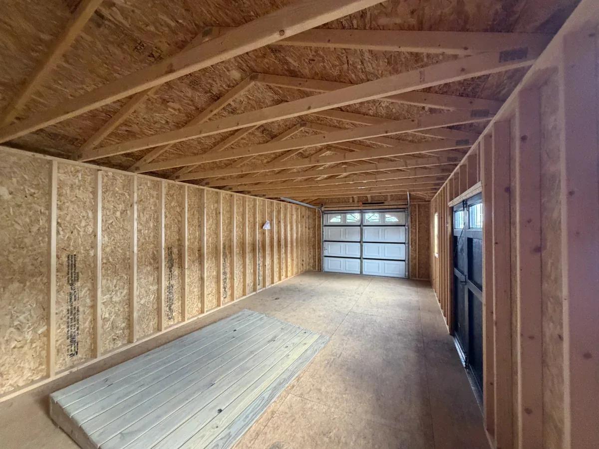 14×32 Deluxe Garden Shed at the Adrian location, interior view