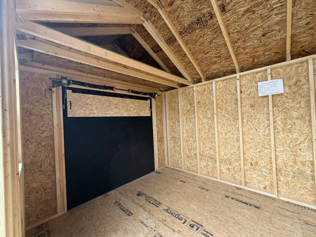 9×14 Deluxe Garden Shed at the Adrian location, interior view