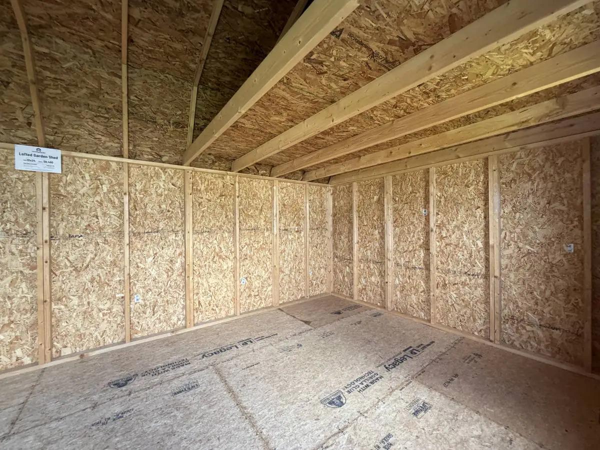 12×24 Lofted Garden Shed at the Adrian location, interior view