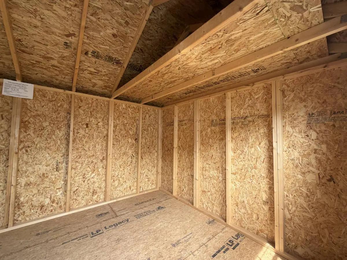 10×16 Deluxe Garden Shed at the Adrian location, interior view