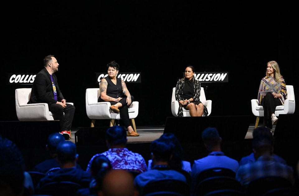 20 June 2024; Speakers, from left, Jeff Ward, Founder & CEO, Animikii Indigenous Technology; Bobbie Racette, Founder / CEO, Virtual Gurus; Carol Anne Hilton, CEO, Founder, Indigenomics Institute and the Global Centre of Indigenomics; and Ge