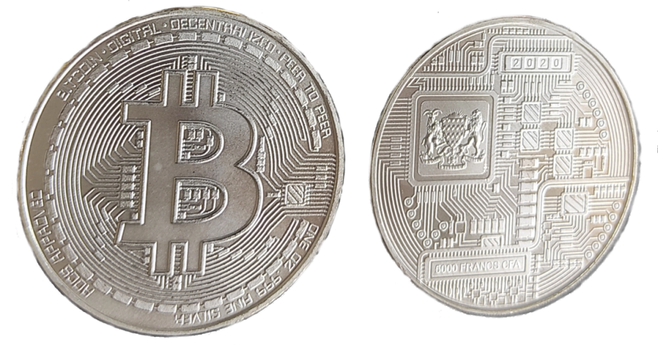 Silver once with bitcoin logo 5000 francs CFA minted by Tchad