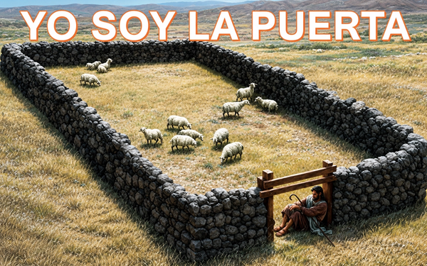 Pastor acostado a la entrada de un redil de piedras en el campo