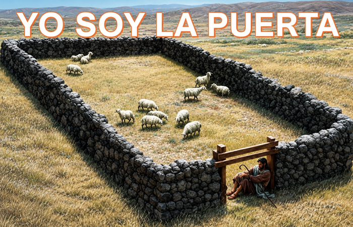 Pastor acostado a la entrada de un redil de piedras en el campo