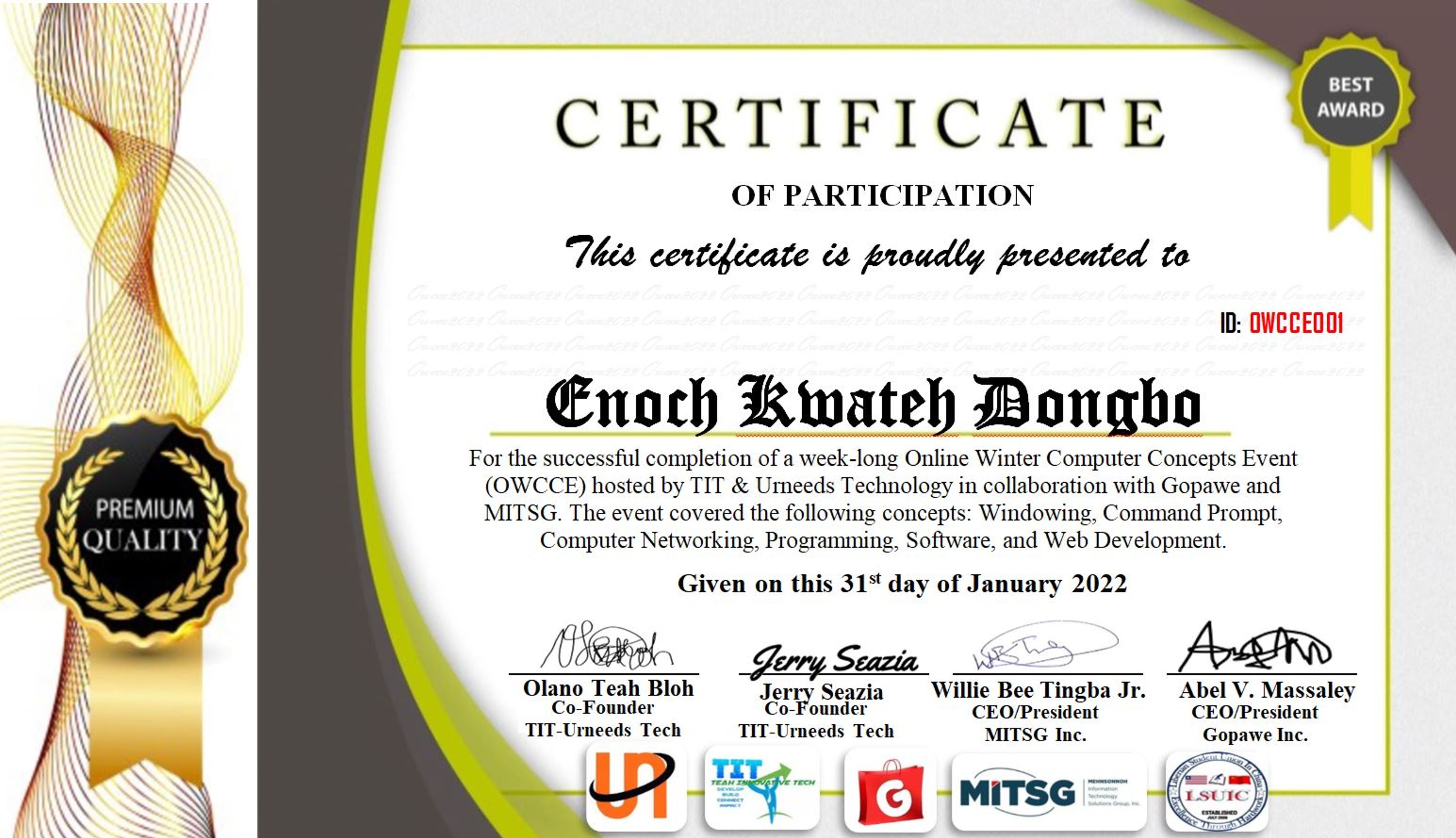 Certificate of Participation