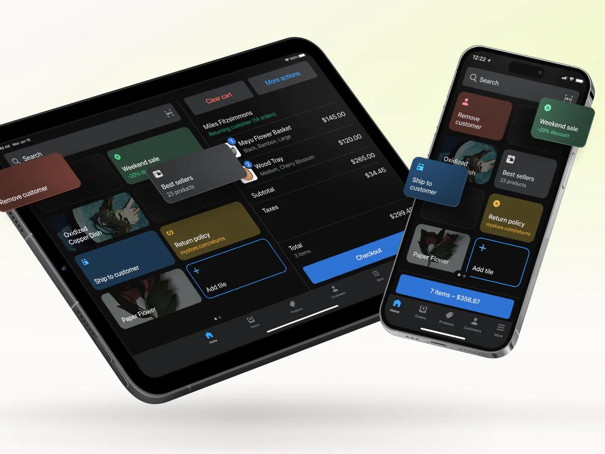 Tablet og smartphone der svæver. De viser de moduler man kan arbejde med i Shopify POS.