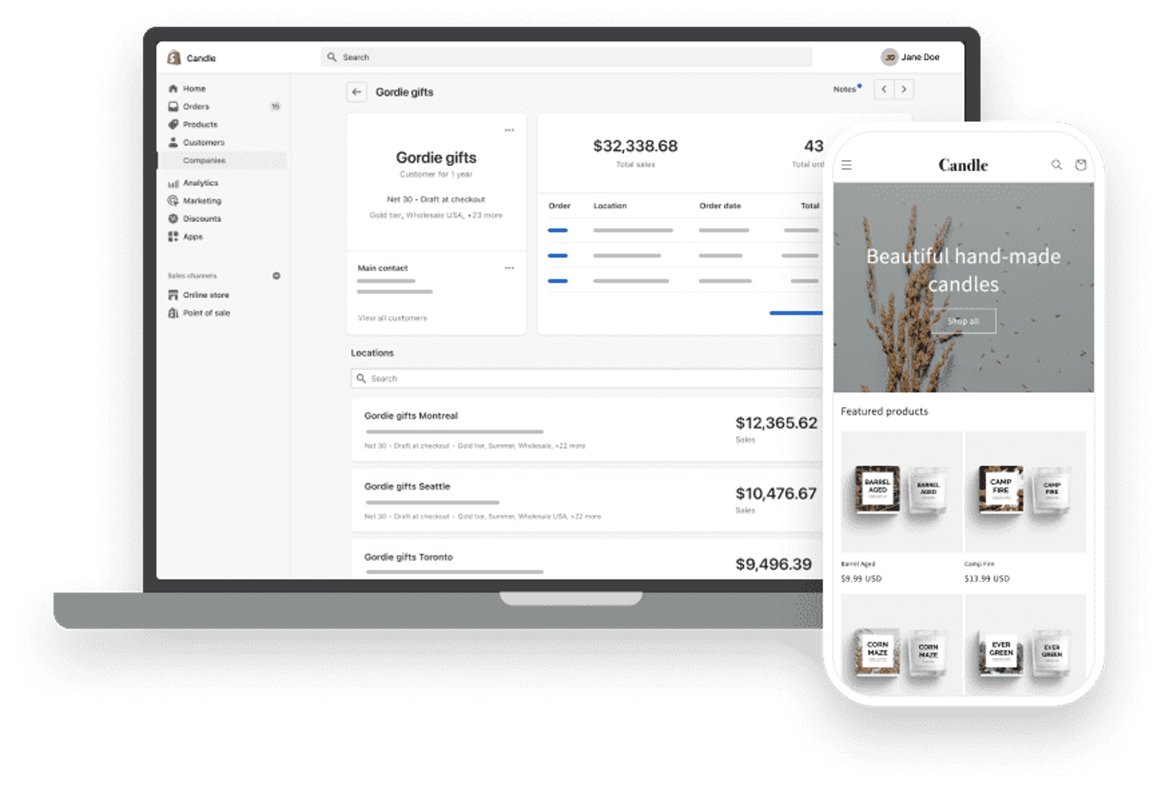 Shopify's interface for B2B-kunder på laptop og smartphone