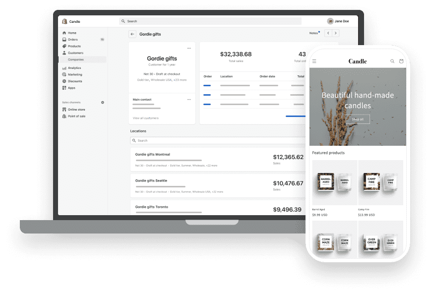 Shopify's interface for B2B-kunder på laptop og smartphone