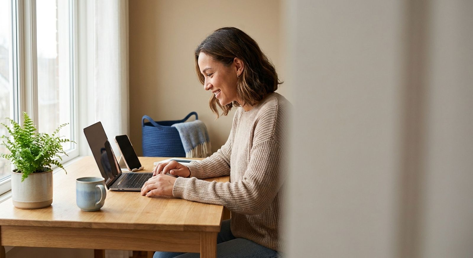 A woman smiling at her laptop at a tidy desk by a window