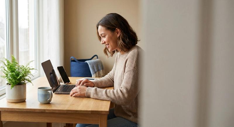 A woman smiling at her laptop at a tidy desk by a window