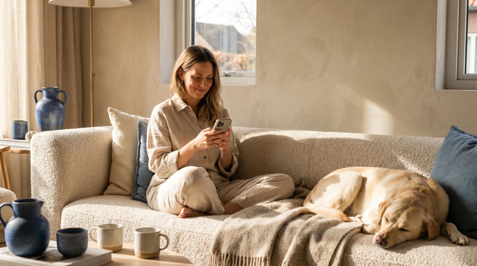 A woman relaxing on a sofa under a blanket, checking her phone