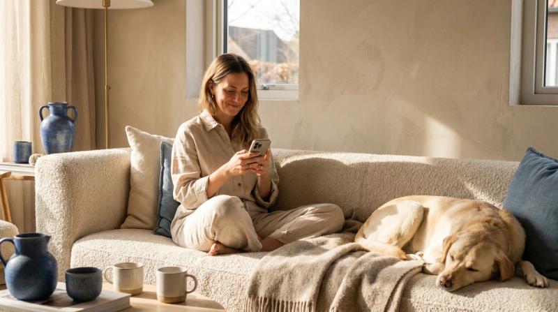 A woman relaxing on a sofa under a blanket, checking her phone