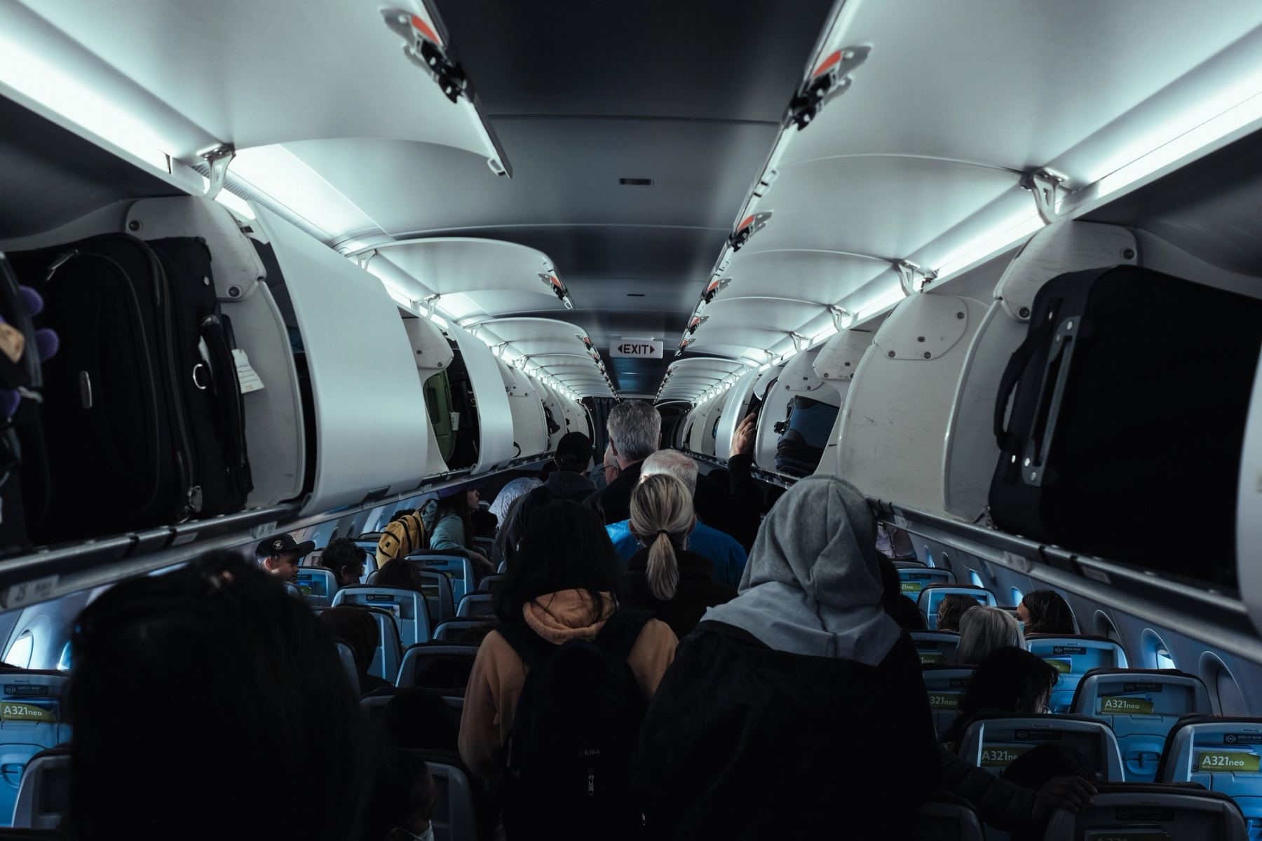 People standing in flight cabin