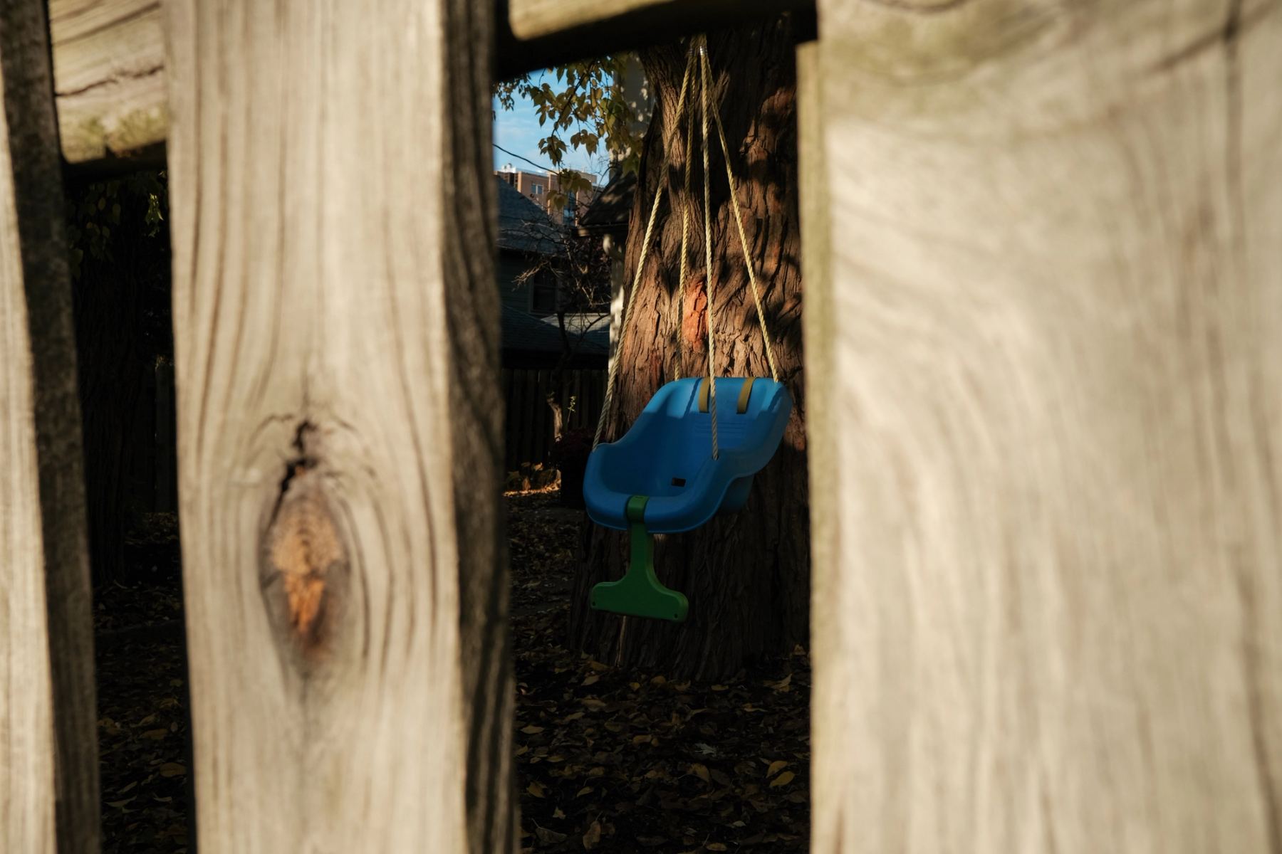 A swing viewed through the gap of a fence