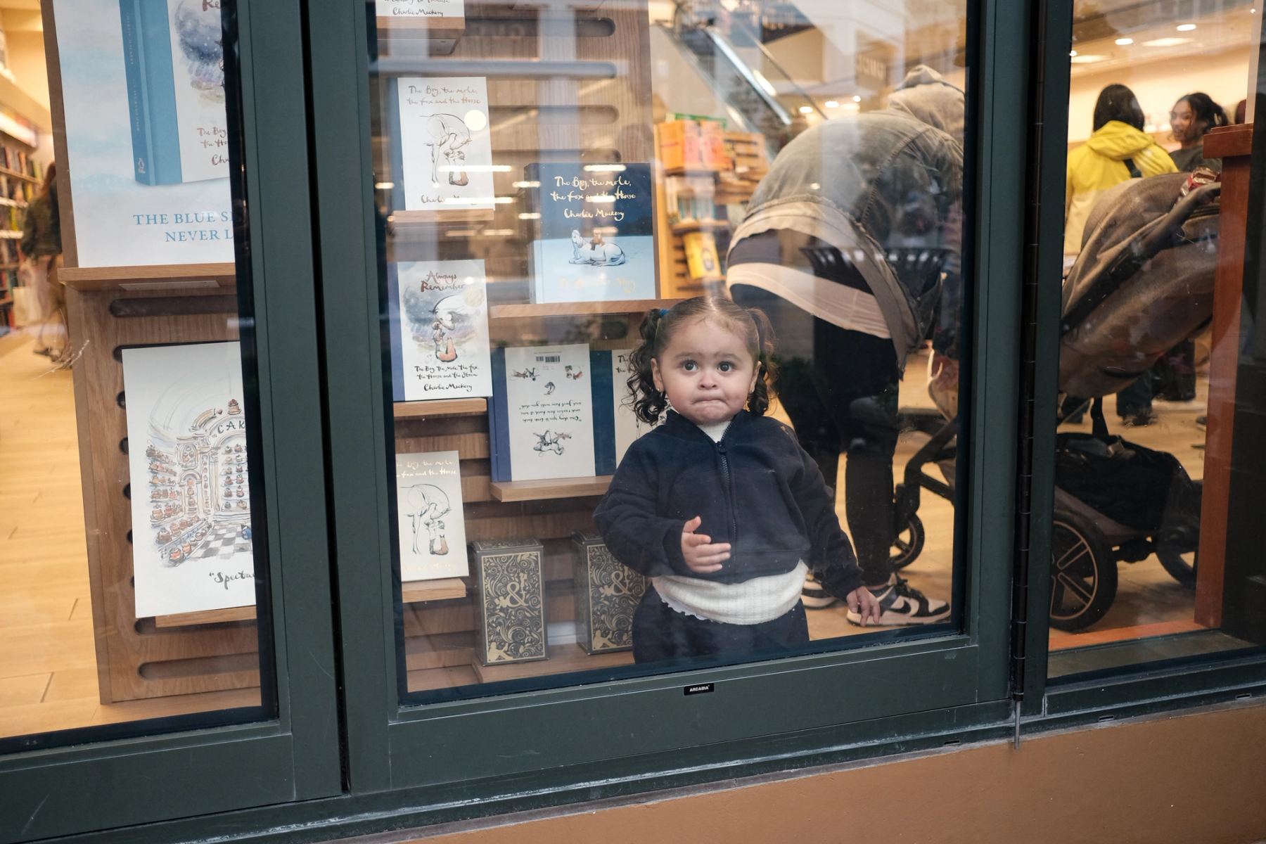 A kid standing behind a window