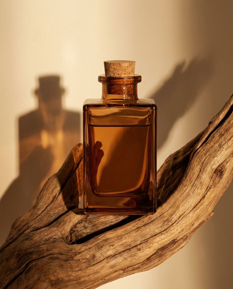 Amber glass perfume bottle on dry cedar wood