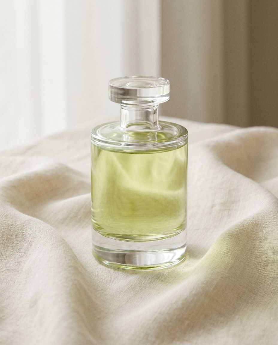 Glass perfume bottle with pale green liquid on cream linen