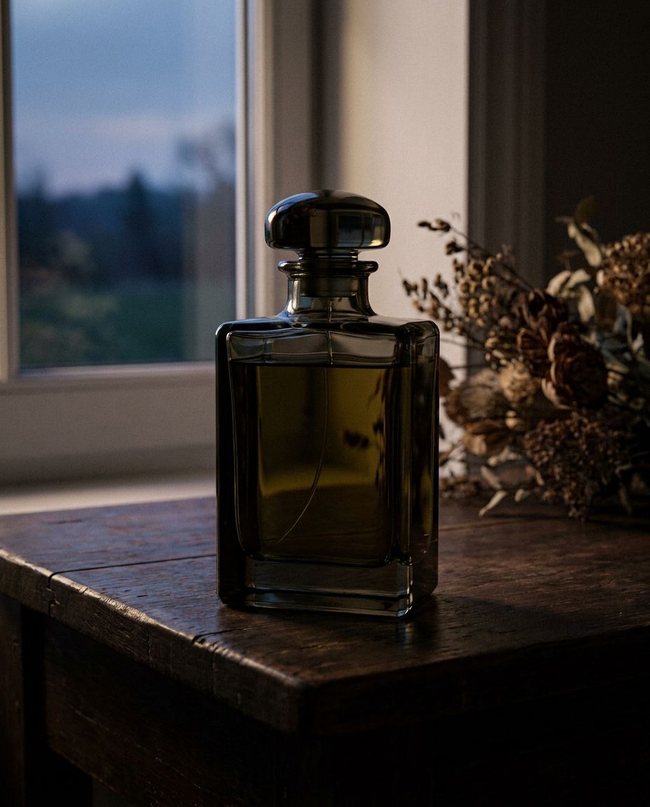 Dark glass perfume bottle on wood in low light