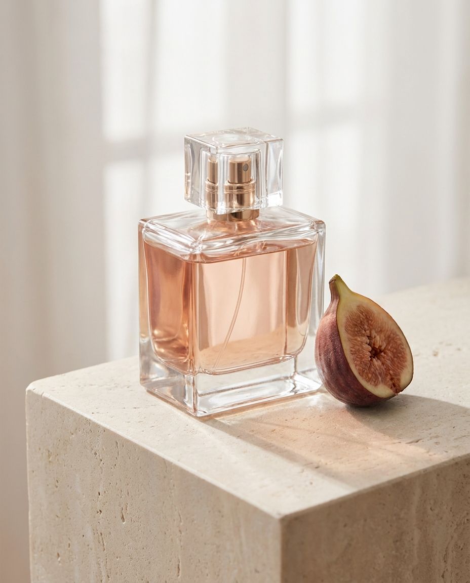 Glass perfume bottle with warm pink-gold liquid beside a fig