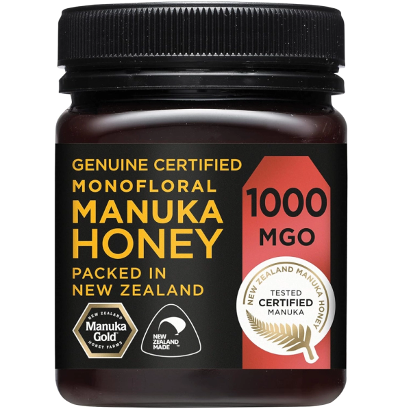 A jar of Manuka Gold 1000 honey